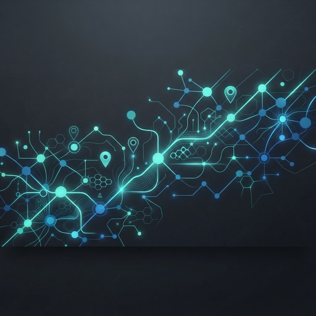Network of glowing connection nodes and map pins representing AI-driven local search