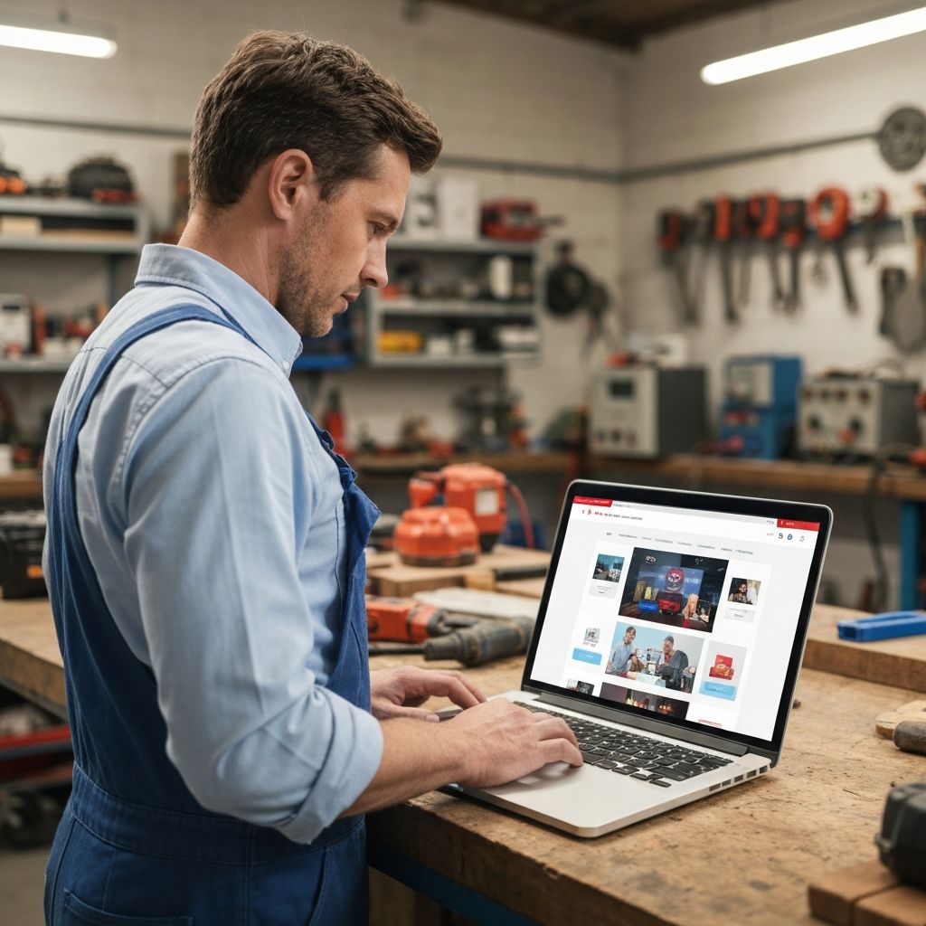 UK electrician reviewing professional website design on laptop in workshop