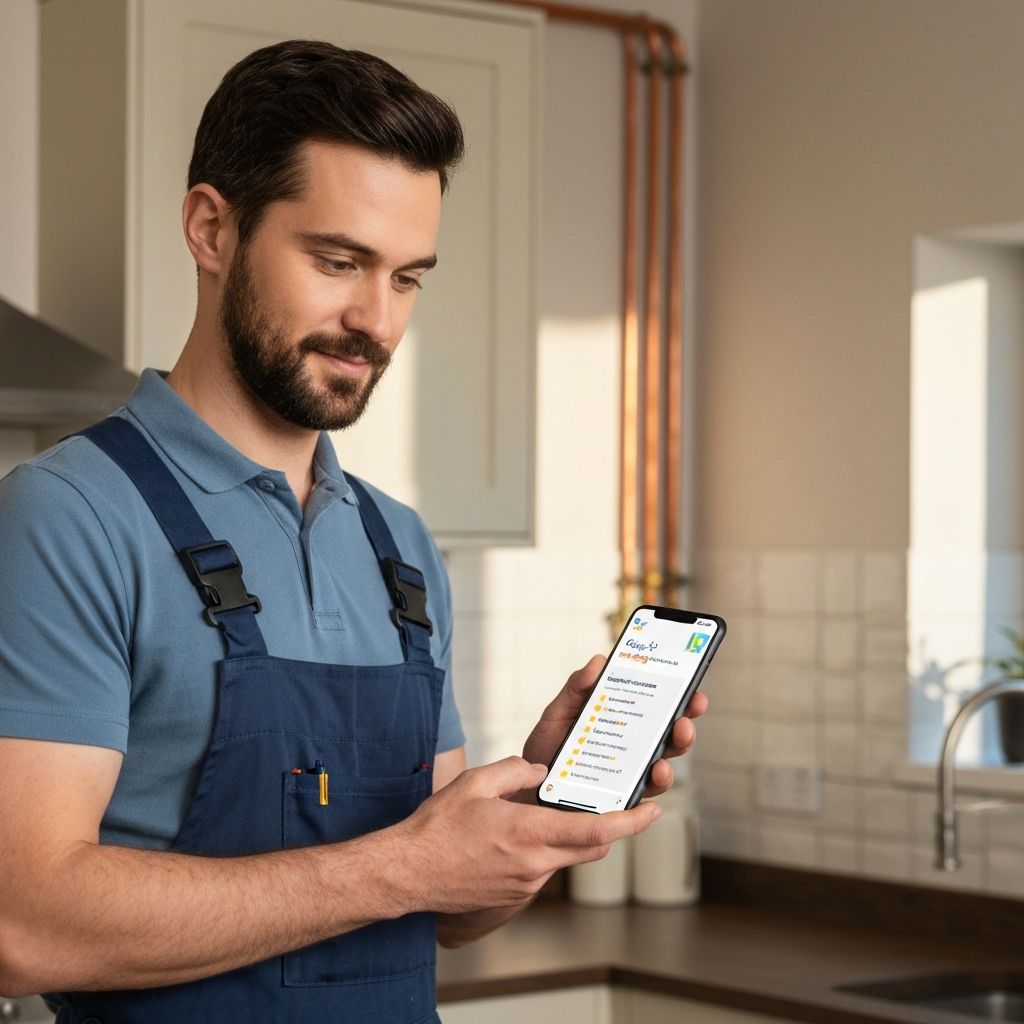 UK plumber checking Google Business Profile rankings on smartphone showing 5-star reviews and local search results