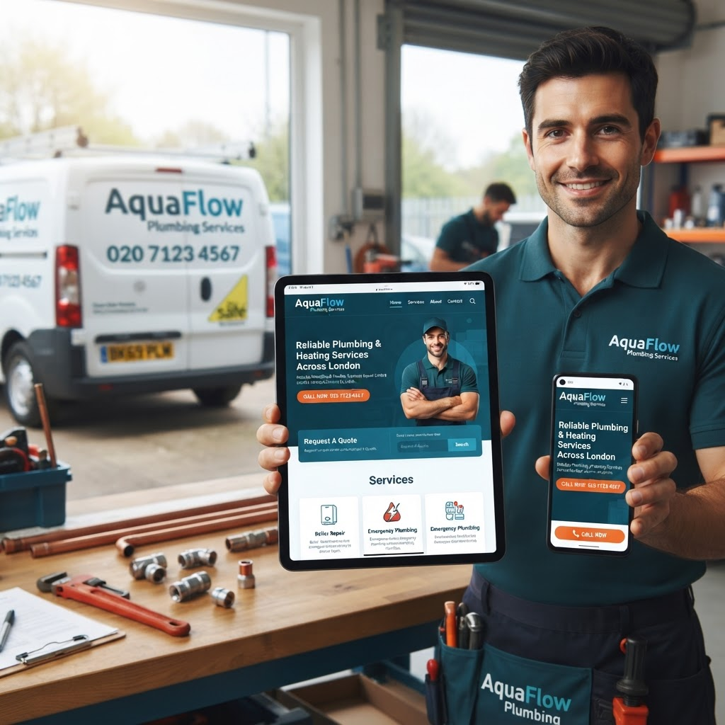 Plumbing company website shown on a tablet and phone with a prominent call button