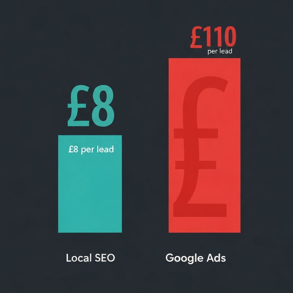 Visual comparison showing local SEO cost per lead at £3-12 versus Google Ads at £110+ per lead for UK plumbers