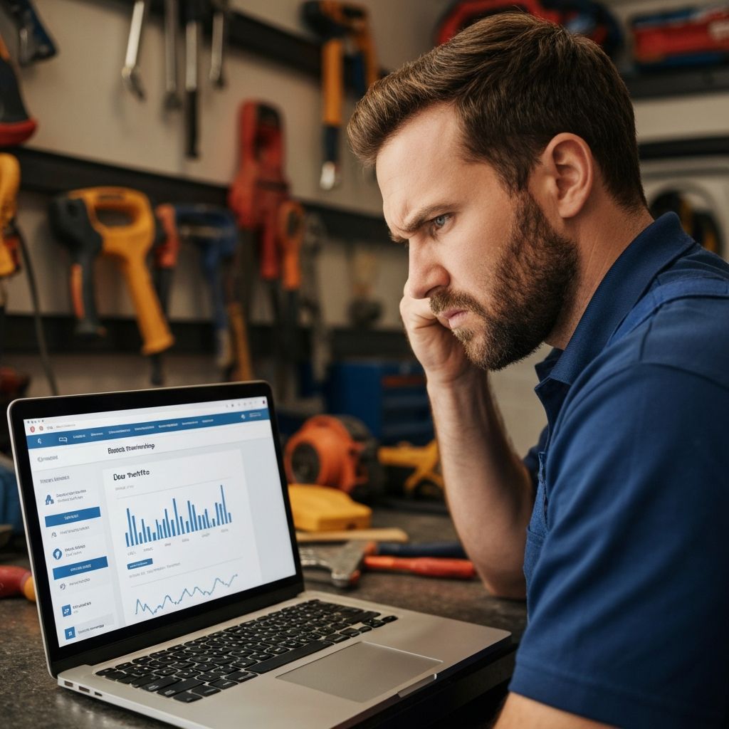 UK tradesperson looking frustrated at laptop showing underperforming website analytics